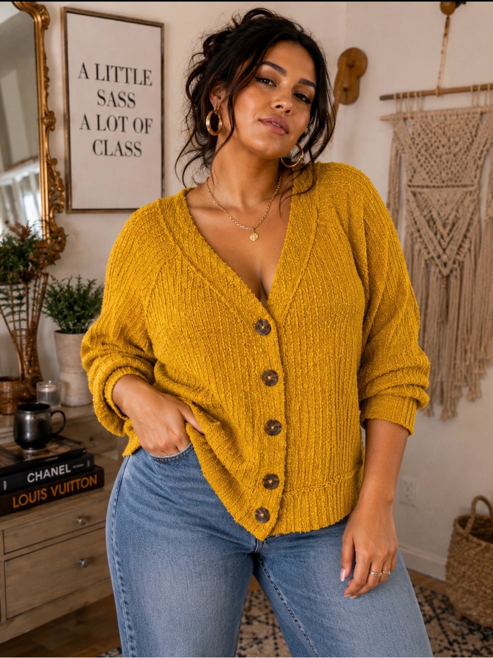 Two by Vince Camuto Mustard Yellow Textured Knit Button Cardigan